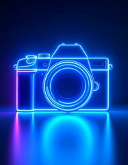 Neon camera silhouette on dark background