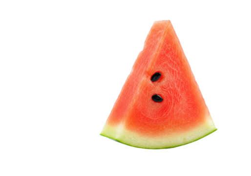 Perfectly cut triangular red watermelon slice with black seeds and green rind, isolated on a transparent background with soft shadow, vibrant summer refreshment concept
