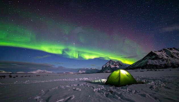 A glowing green tent pitched on snowy terrain beneath the aurora borealis—evoking solitude, cosmic choreography, and the fragile resilience of human presence in vast natural systems.