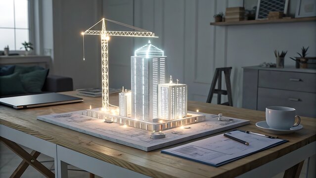 A futuristic blurred office with while glowing construction project rise from the table surface.