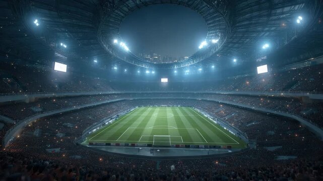 Massive Night Football Stadium Packed with Excited Fans Before Kickoff