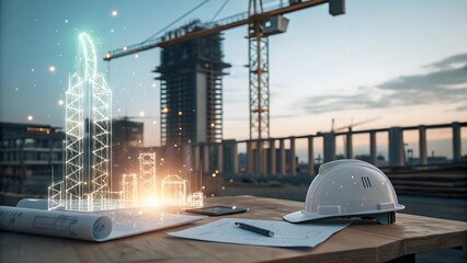A futuristic blurred while glowing construction project rise from the table surface.