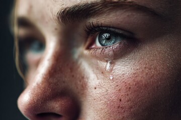 A close-up portrait of a woman's eye with a tear, reflecting deep sorrow and vulnerability.