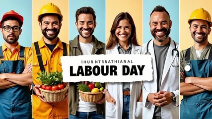 Diverse professionals celebrating Labour Day with smiles, baskets of goods and tools. - Powered by Adobe