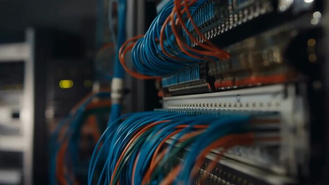 Server rack focus pulling with cables and patch panel