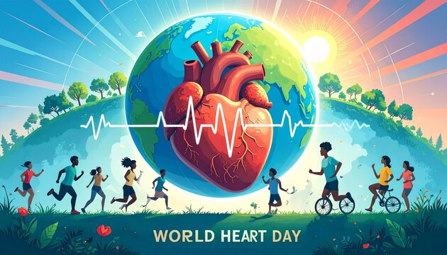 Diverse group of people running and cycling around the world promoting heart health and awareness on World Heart Day, symbolizing unity and wellbeing. - Powered by Adobe