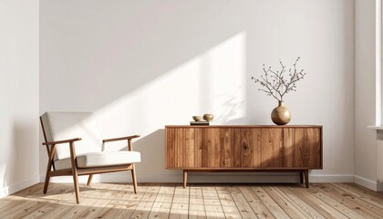 A mid-century modern interior with a wooden armchair and sideboard, bathed in warm sunlight—evoking themes of emotional architecture, memory, and the choreography of domestic stillness.