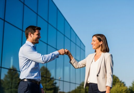 Partnership and Success Business Colleagues Celebrate with a Fist Bump Near Building
