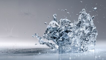 Clear water splash with dynamic motion droplets frozen in mid-air on reflective surface against a light gray gradient background in high resolution close-up photograph