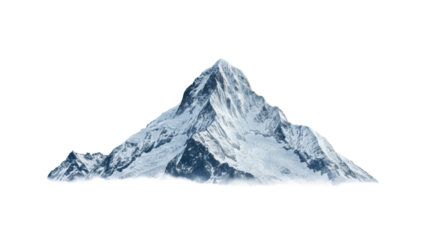 Majestic, towering, snow-capped mountain range with jagged peaks, isolated on a transparent plain, wispy mist, clear sky in cool tones, soft diffused daylight, concept of aspiration and achievement