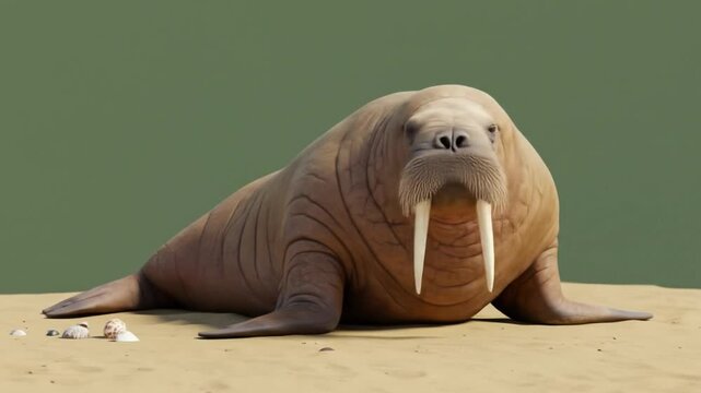 Walrus Relaxing on Sandy Beach with Calm Green Background in Closeup