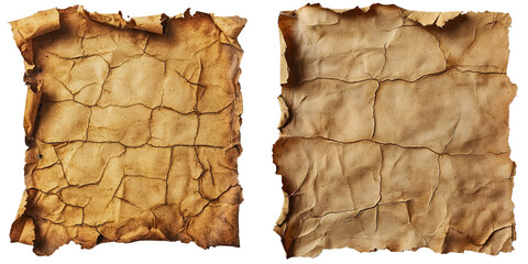 Aged parchment paper with rough, torn edges, showcasing a vintage and worn appearance. isolated on a transparent background