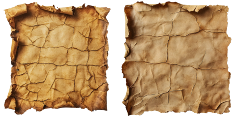Aged parchment paper with rough, torn edges, showcasing a vintage and worn appearance. isolated on a transparent background