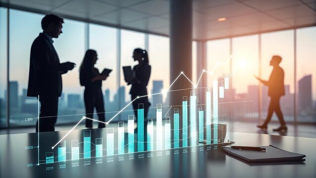 A futuristic office with blurred silhouettes of business people discussing strategy, while glowing bar charts and stock graphs rise from the table surface.