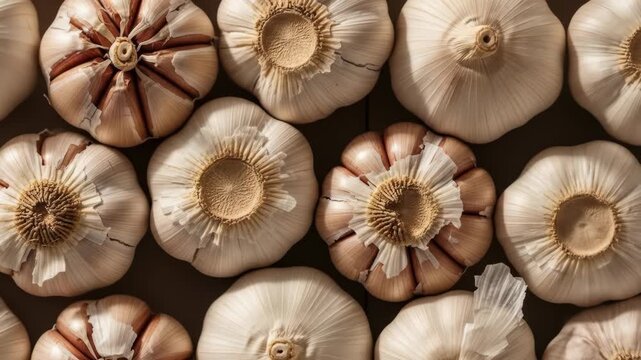 Rotating closeup of fresh garlic heads displaying rich texture and details
