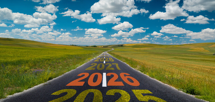 A rural road stretching under the open sky, marked with the years from 2026 to 2030. It symbolises themes such as the new year, future plans, the journey to success, career goals, and life vision. - Powered by Adobe