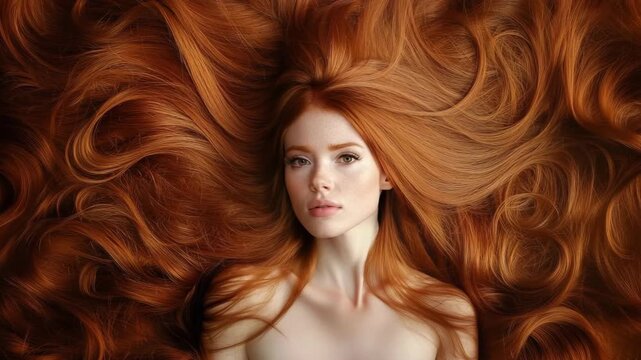 Beautiful woman model with long shiny red hair redhead hairstyle with hair treatment for advertising banner.Macro.AI Generative.
