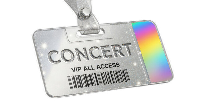 Close up of a silver concert vip all access pass with a rainbow colored edge on black