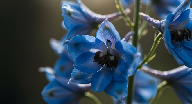 Blue flowers with delicate petals dew drops and soft background highlighting texture color and natural elegance