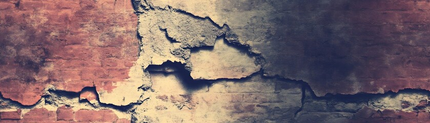 A weathered brick wall showcases intricate cracks and varied tones, creating a textural and aged aesthetic.