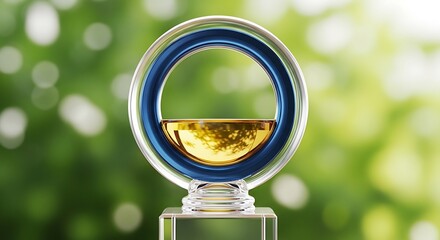 Modern circular trophy with gold and blue elements, symbolizing achievement and success against a blurred green background