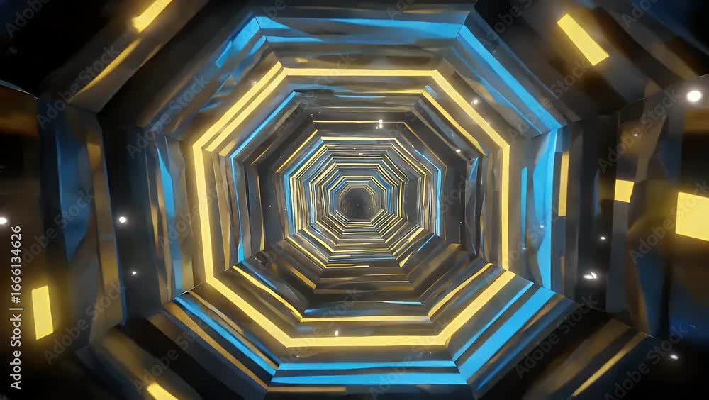 Sticker futuristic 4k looping animation of bright yellow blue polygonal tunnel with glowing lights creating 
