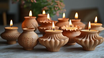 Collection of lit wooden candle holders with intricate carvings candles burning