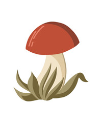 Mushroom with red cap in grass, Isolated flat cartoon illustration on white background. Perfect for autumn design