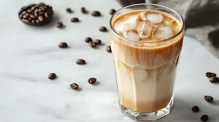 Glass of iced coffee with milk and ice cubes on marble surface, surrounded by scattered coffee beans, creating refreshing and inviting beverage scene