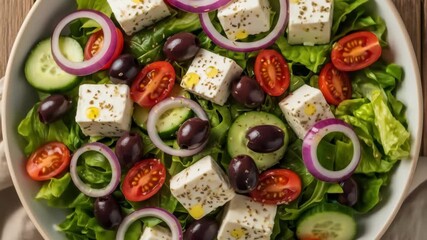 Fresh greek salad assembly with feta and olives  vibrant summer cuisine transition