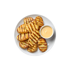 Grilled potatoes topped with sauce are neatly arranged on a white plate
