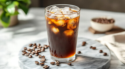 Tall glass of iced coffee with ice cubes on marble surface, surrounded by scattered coffee beans and bowl of coffee beans in background, creating fresh and inviting atmosphere