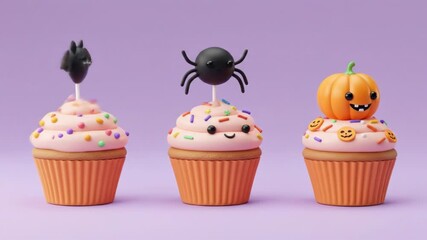 Three cupcakes with Halloween toppers on light purple backdrop - Powered by Adobe