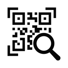 A black and white image of a QR code with a magnifying glass over it. Concept of scanning or investigating something.