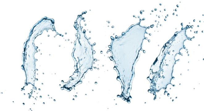 Multiple high-energy clear and translucent blue/aqua liquid splashes, frozen mid-air with intricate fluid dynamics against a transparent studio background, concept of technological breakthrough