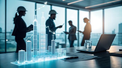A futuristic office with blurred silhouettes of engineers people discussing strategy, while glowing construction project rise from the table surface.