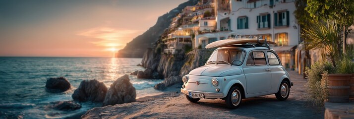 Vintage car with surfboard enjoying sunset on italian coast