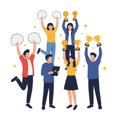 Successful team celebrating achievement with trophies and awards winning together