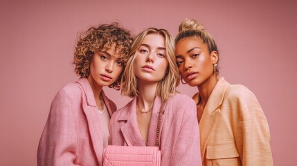 Three stunning women in pink blazers pose, showcasing fashion and beauty in a studio portrait.