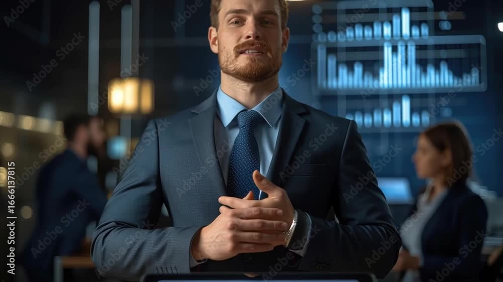 Poster businessman in suit showcases data on tablet with modern graphs and charts in professional office en
