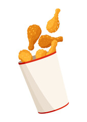Fried chicken. Crispy fried chicken drumsticks in paper bucket isolated on white background. Beautiful delicious in cartoon style. Fresh fast food fry meat