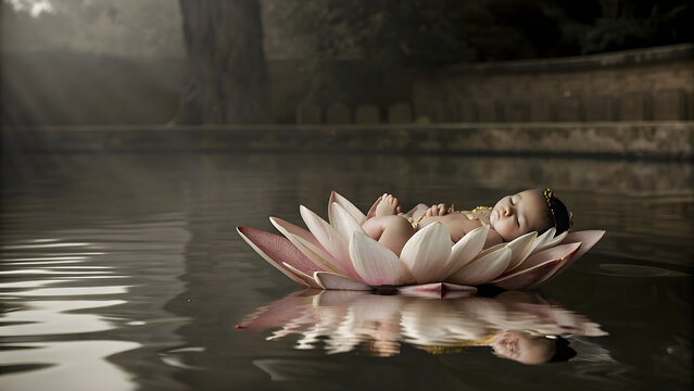 Baby Krishna Radha Karna with gold jewellery sleeping peacefully in lotus pond.
