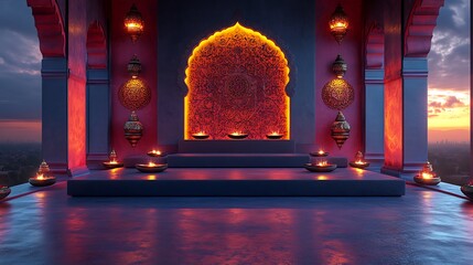 Ornate Islamic architecture with glowing lanterns and diya lamps at sunset image