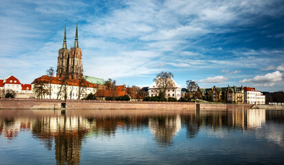 Amazing View On A Wroclaw Historical Part Of City Center From The Oder River, Poland Attraction