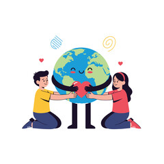 Fototapeta premium Children hug the earth holding a heart caring for our planet together