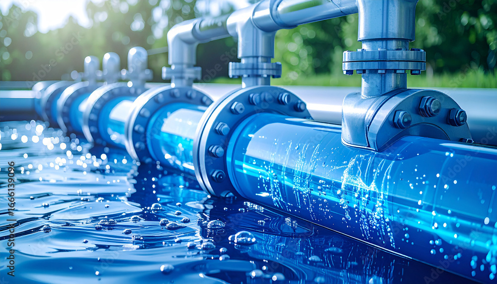 Poster water pipe system: a detailed view of a sleek, blue pipe system efficiently transporting water, a sy