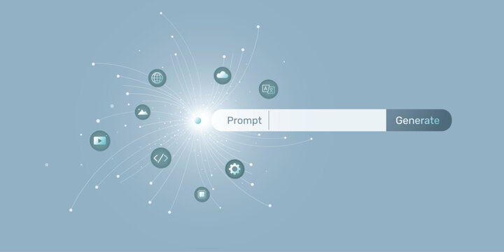 prompt generate button; Generate with AI button. Visualization of big data, technology, AI, data transfer, information flow, data stream, large language models