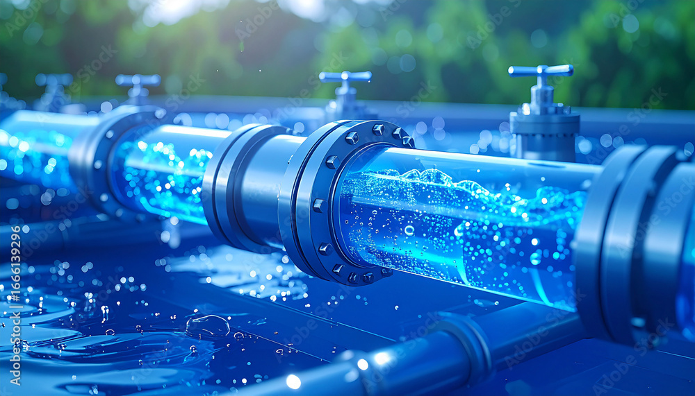 Poster water flowing in pipes: a visual representation of water coursing through clear pipes, illustrating 