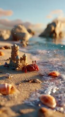 Vibrant crab beside sandcastle on sunny beach
