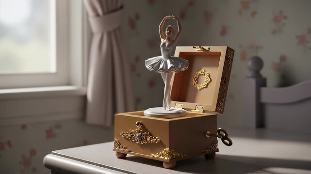 A classic wooden music box with a spinning ballerina figure